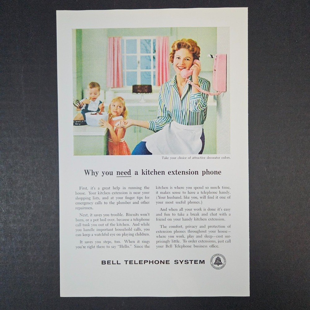 1959 Bell Telephone System Kitchen Extension Line Vintage Print Ad Pink Phone